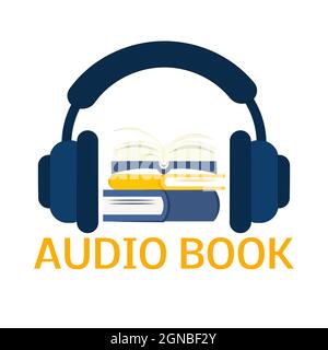 Hörbücher mit Kopfhörer und Text. Vektorgrafik flach. Headset-Konzept mit Stapel von Büchern, Idee des Hörens von Podcasts, elektronische Ausbildung Stock Vektor