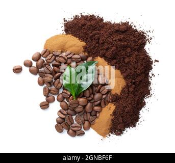 Drei verschiedene Kaffeesorten mit isolierten Blättern auf weißem Hintergrund. Draufsicht, flach liegend Stockfoto