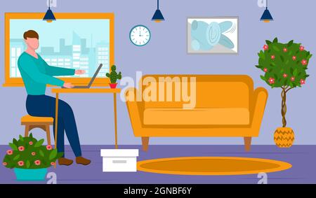 Man Freelancer arbeitet zu Hause mit einem Computer. Raum Interieur. vektor-Illustration. Arbeit zu Hause Design. Stock Vektor