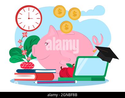 vektor-Illustration. Geld sparen für das Studium. Finanzierung der Bildung. Das Konzept der Investition Geld in die Ausbildung Stock Vektor