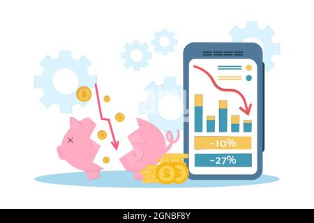 vektor-Illustration Geldverlust. Das Konzept der Finanzkrise, Bankrott, der Beginn der Armut, Haushaltsrezession, Marktsturz . Schlechte Wirtschaft und Stock Vektor