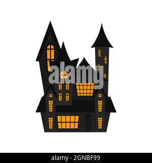 Gruseliges Haus auf weißem Hintergrund isoliert. Halloween Burghaus. Vektorgrafik flach. Hexenhütte, Vampirburg, Geisterhaus und Friedhofskriege Stock Vektor