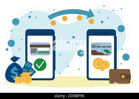 Senden und Empfangen von Geld über eine drahtlose Verbindung auf einem Mobiltelefon. Mobile Payment Transfer Konzept. vektor flache Illustration Stock Vektor