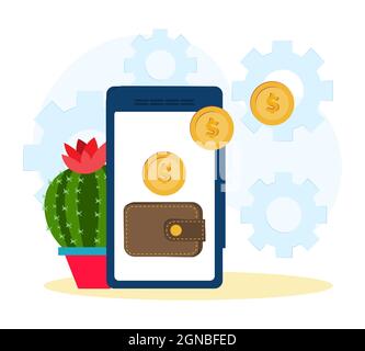 Konzept der Internet-Wallet, Online-Geld, mobile Zahlungen. Vektorgrafik flach. Ein Telefon mit Geldbörse, Bakowskaja-Karte und Geld auf dem Bildschirm. Stock Vektor
