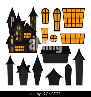 Gruselig Haus Konstruktor isoliert auf weißem Hintergrund. Halloween Spukhaus. Vektorgrafik flach. Hexenhaus, Vampirburg, Geisterhaus, ein Stock Vektor