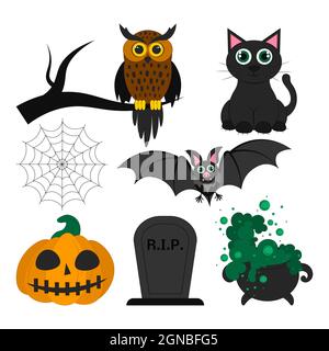 Set von Objekten für Halloween. Vektorgrafik flach. Urlaubssymbole. Isolierte Objekte einer Eule, Fledermaus, schwarze Katze, Kürbis mit Lächeln, Spinnennetz, c Stock Vektor