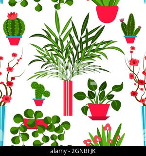Topfblumen nahtloses Muster. Haus Pflanzen Innenarchitektur. Home Dekor mit Pflanzen Vektor-Illustration. Stock Vektor
