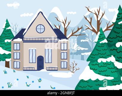 Vektorgrafik flach. Winterwaldlandschaft mit Haus und Bäumen. Schneebedeckter Winter. Familienhaus in einem Vorort. Stock Vektor