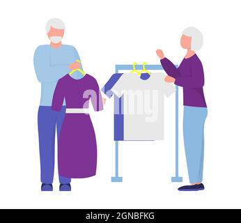 Ältere Menschen einkaufen. vektor-Illustration. Verheiratetes Paar kaufen Kleidung. Aktive Rentner Stock Vektor