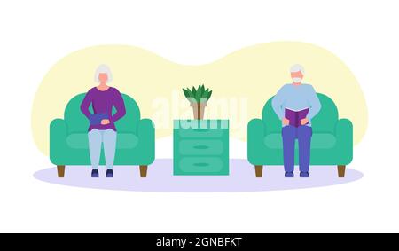 Ältere Menschen lesen zu Hause. Mini-Komposition. Alte Menschen zusammen, Großeltern lieben. Glücklicher alter Mann und alte Frau, die ein Buch auf einem Stuhl lesen Stock Vektor