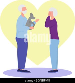 Großvater gibt der Großmutter einen Hund. Alte Menschen. vektor-Illustration im flachen Stil. Glückliche alte Menschen zusammen Stock Vektor