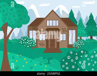 Vektorgrafik flach. Sommer Waldlandschaft mit Haus und Bäumen. Familie Vorstadthaus. Haus in einem Wald und Bergen auf einem blauen Himmel Stock Vektor