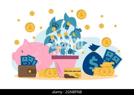 Geldbaum und seine Früchte. Arten von Geldspeicher. Vektorgrafik flach. Finanzieller Erfolg. Stock Vektor