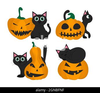 Set von schwarzen Katzen mit Kürbis isoliert auf weißem Hintergrund. Set von Objekten für Halloween. Vektorgrafik flach. Urlaubssymbole. Stock Vektor