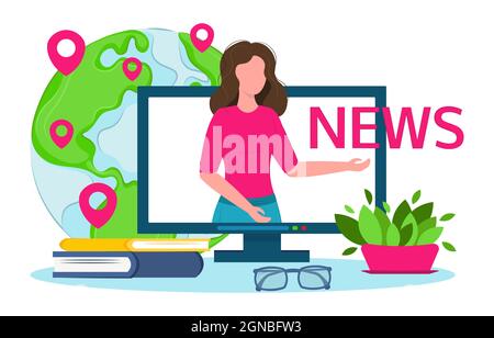 Welt Online News Vektor Illustration. Die Frau erzählt die Nachrichten vom Monitor. Komposition in flachem Stil Stock Vektor