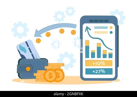 internet-Investitionen, Arbeit im Internet, Gewinn Einkommen, Finanzdienstleistungen online, Verwaltung der Finanzkarte. Vektorgrafik im flachen Stil. Stock Vektor