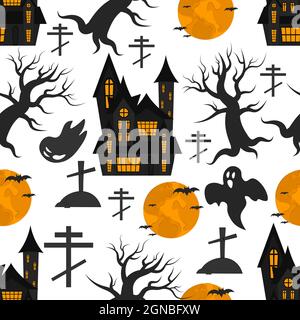 Nahtloses Halloween-Muster mit Weihnachtsymbolen. Vektor flache Illustration. Tapeten, Textilien, Banner-Design. Helle Cartoon-Vorlage für Halloween Stock Vektor