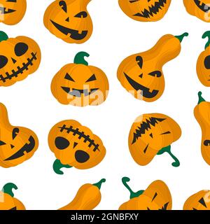 Nahtloses Muster Halloween Kürbis auf weißem Hintergrund. Vektor flache Illustration. Tapeten, Textilien, Banner-Design. Festliches Thema - Kürbis mit Stock Vektor