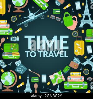 Vorlage für Reisevektoren mit Text und Reiseelementen in farbenfrohem Hintergrund. Vektorgrafik. Tourismusbanner Stock Vektor