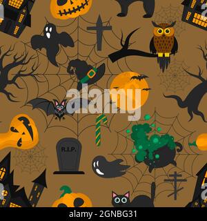 Nahtloses Halloween-Muster mit Weihnachtsymbolen. Vektor flache Illustration. Tapeten, Textilien, Banner-Design. Helle Cartoon-Vorlage für Halloween Stock Vektor
