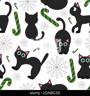 Nahtlose Muster Halloween schwarze Katze auf weißem Hintergrund. Vektor flache Illustration. Tapeten, Textilien, Banner-Design. Festliches Thema - mit Katze. Stock Vektor