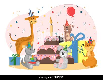 Set von wilden Tieren feiern Geburtstag. Nette Cartoon Tiere in flachen Stil. vektor-Illustration isoliert auf weißem Hintergrund. Party von Tieren im Kegel Stock Vektor