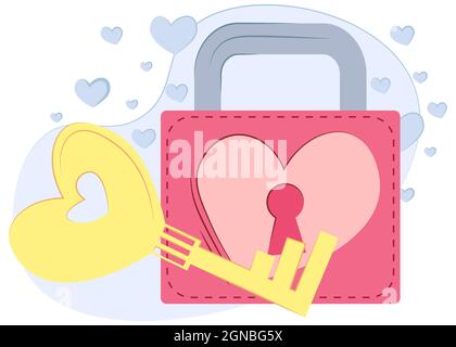 Valentin Tag Design Element.Lovers Schloss mit Schlüssel und Herzen. Flache Abbildung mit Schloss mit Herz und Schlüssel. Vektorgrafik. Stock Vektor