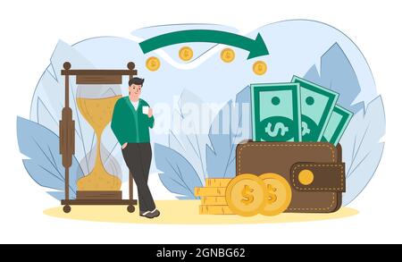 Zeit ist Geld. Unternehmen und Management, Finanzinvestitionen an der Börse, zukünftiges Einkommenswachstum, Zeitmanagement-Planung. Stock Vektor