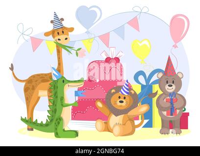 Set von wilden Tieren feiern Geburtstag. Nette Cartoon Tiere in flachen Stil. vektor-Illustration isoliert auf weißem Hintergrund. Party von Tieren im Kegel Stock Vektor