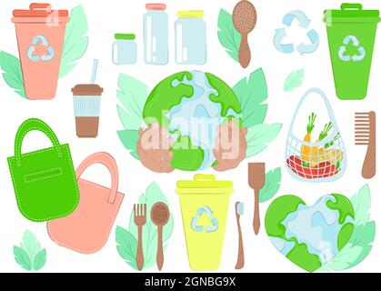 Stellen Sie die Elemente auf Null Abfalllebensdauer in Vektorgrafiken ein. Umweltfreundlicher Style. Kein Kunststoff. Abfallfreie Produktion Stock Vektor