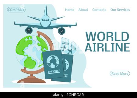 Landing Page World Airline. Touristen- und Geschäftsflüge auf der ganzen Welt. Vorlage für ein Reisebüro für die Website. Stock Vektor