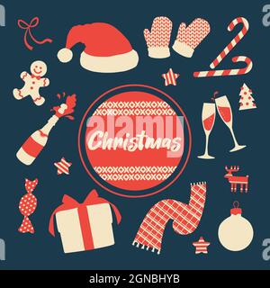 Eine Reihe von Elementen für das Neujahrsdesign. Weihnachtsmann roten Hut, Geschenk-Box, Gläser Champagner, Bogen, Weihnachtsbaum Dekorationen, Hirsch. Flacher Vektor. Stock Vektor