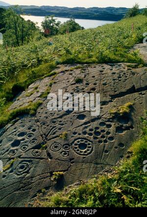 Sehen Sie sich nordwestlich von Loch Craignish prähistorische Felskunst auf E-Ausbissen in Ormaig, Argyll, Schottland, Großbritannien, einschließlich Cupmarks, körbchenringe, Nuten und Rosetten Stockfoto