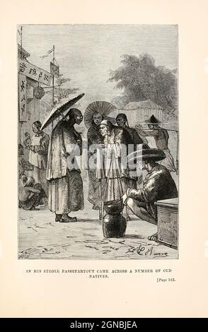 Passepartout stieß auf eine Reihe von Ureinwohnern. Aus dem Buch "in achtzig Tagen um die Welt" von Jules Verne (1828-1905) Übersetzt von Geo. M. Towle, Veröffentlicht in Boston von James. R. Osgood & Co. 1873 erste US-Ausgabe Stockfoto
