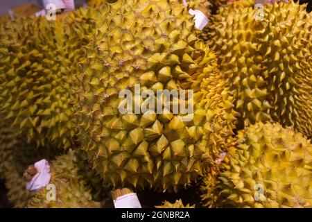 Durian zum Verkauf in Supermarktregalen Stockfoto