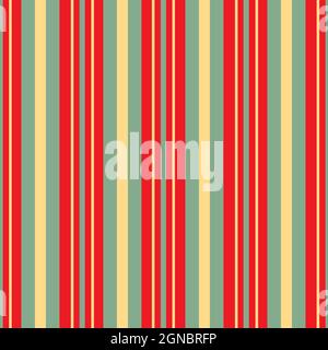 Regent Streifen nahtlose Vektor-Muster Hintergrund. Symmetrischer linearer geometrischer Hintergrund. Rote, gelbe, grüne parallele vertikale dünne und breite Streifen Stock Vektor