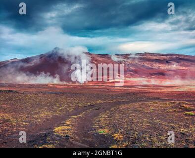 Dampfende Fumarole im geothermischen Tal Hverarond. Exotischer Sommerabend auf vulkanischem isländischem Wahrzeichen, Lage im Dorf Reykjahlid, Nordisland, EU Stockfoto