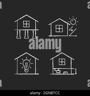 Kalkweiße Symbole für Wohngebäude auf dunklem Hintergrund Stock Vektor