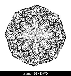 Hand gezeichnet schwarz Mandala Malvorlagen Illustration. Blume abstrakt Boho Grafik Muster Design für Druck Tattoo Färbung Kinder Kunst Vorlage. Stockfoto