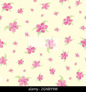 Sakura Blüte nahtlose Vektor-Muster Hintergrund. Verstreute Kirschblüten hinterlassen rosa Pastellfarben auf gelbem Hintergrund. Feminine Wiederholung floralen botanischen Stock Vektor