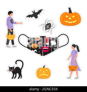 Vektor-Illustration Happy Halloween Party Sticker Set Kinder tragen festliche Kleidung Trick or Treat. Jack O'Lantern. Feiern. Kürbis Fledermaus Spinnenkatze Stock Vektor