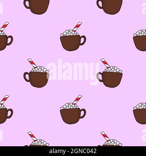 Nahtloses Muster mit handgezeichneter Tasse Kakao und Salzwiesen. Doodle Stil Vektor-Texturen auf farbigem Hintergrund. Für Tapeten, Verpackungen, Poster, Stock Vektor