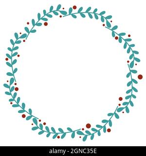 Neujahrskranz mit Blättern und Beeren Vektorgrafik. Runder botanischer Rahmen. Kreisförmige Randschablone für Grußkarten oder Karten, Handzeichnung. Stock Vektor