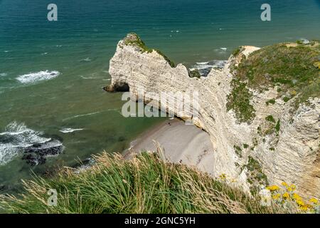 Felsklippen und Kreidefelsen von Etretat, Normandie, Frankreich | Steilküste mit Kreidefelsen in Etretat, Normandie, Frankreich Stockfoto