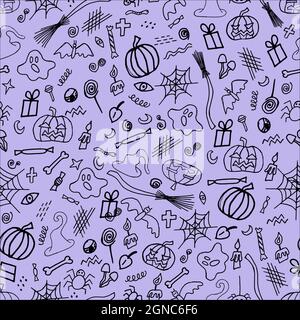 Halloween mit Kürbis und Vorfreude. Nahtloser phyletischer Hintergrund mit Elementen für den Urlaub halloween. Doodle Illustration, Stoffdesign Stock Vektor