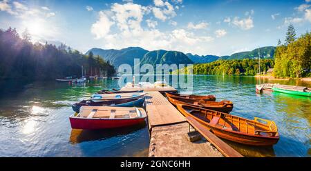 Buntes Sommerpanorama des Bohinjer Sees. Malerische Moningszene im Triglav Nationalpark, den Julischen Alpen, Slowenien. Beliebte touristische Freizeit auf Stockfoto