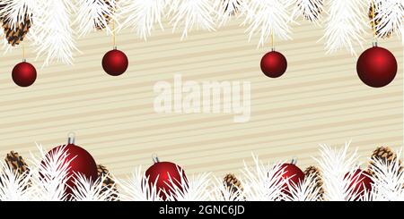 Weihnachtsbanner mit weißen Tannenzweigen und roten Kugeln mit Kopierfläche. Stock Vektor