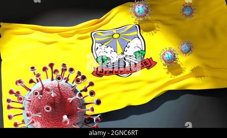 Covid in der Gemeinde Demir Kapija Nord-Mazedonien - Coronavirus und Flagge der Gemeinde Demir Kapija Nord-Mazedonien als Symbol der Pandemie in der Region Stockfoto