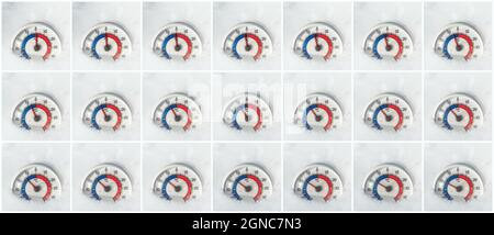 Thermometer mit Celsius-Skala, die im Schnee platziert ist und Temperaturabfälle von null auf minus 20 Grad anzeigt Stockfoto