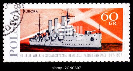 POLEN - UM 1967: Eine in Polen gedruckte Briefmarke, die Aurora zeigt Stockfoto